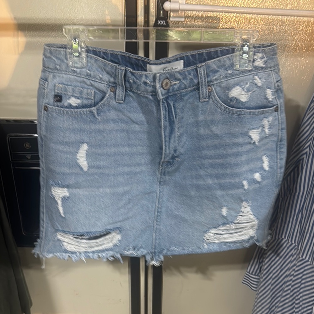 KanCan Light Blue Distressed Mini Skirt